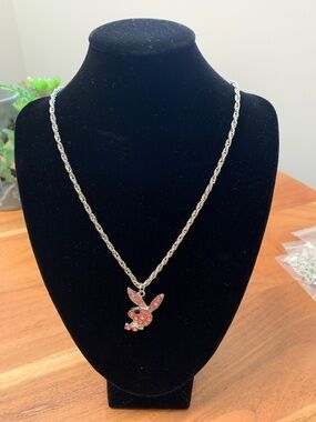 PLAYBOY Silver-Tone Necklace with Pink Bunny Crystal Pendant